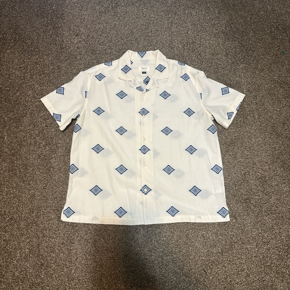 American Eagle Outfitters White Shirt with Blue Diamond Pattern